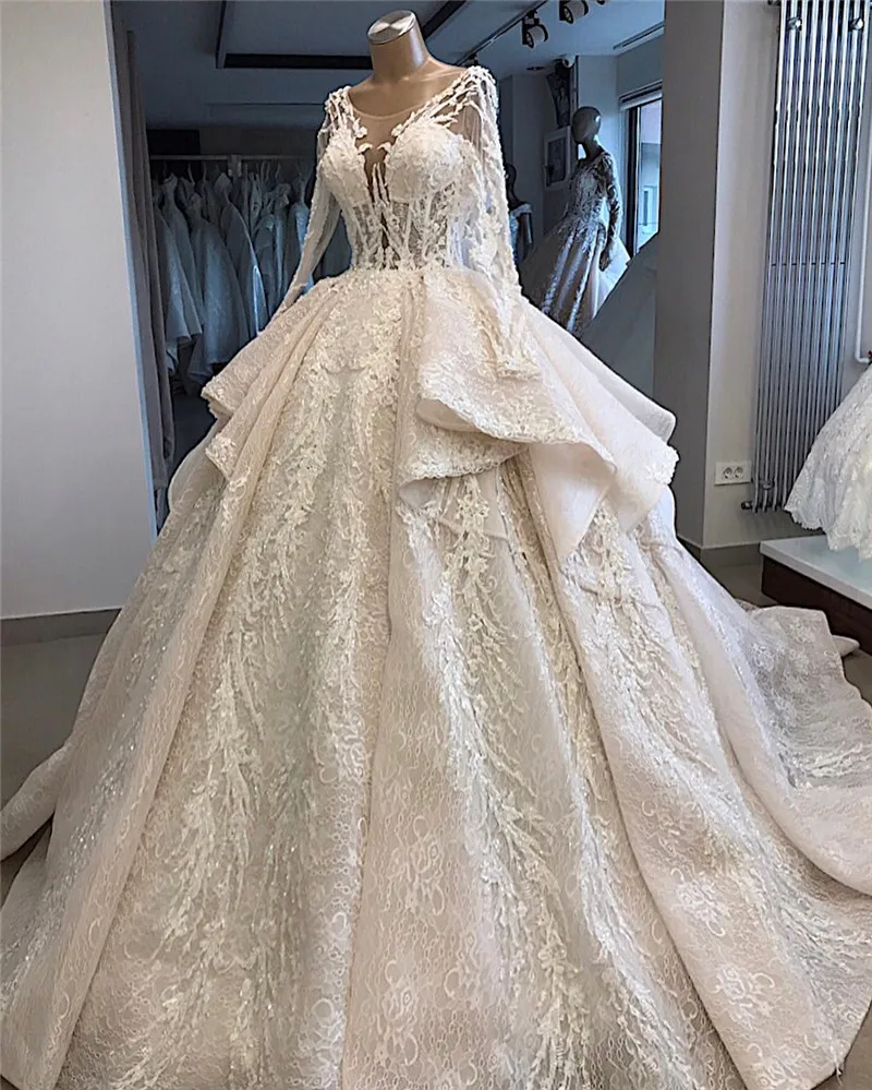 Robe De Mariee Роскошные бисерные кружевные бальные Свадебные платья дизайн с длинными рукавами многоуровневые Свадебные платья Vestido De Noiva