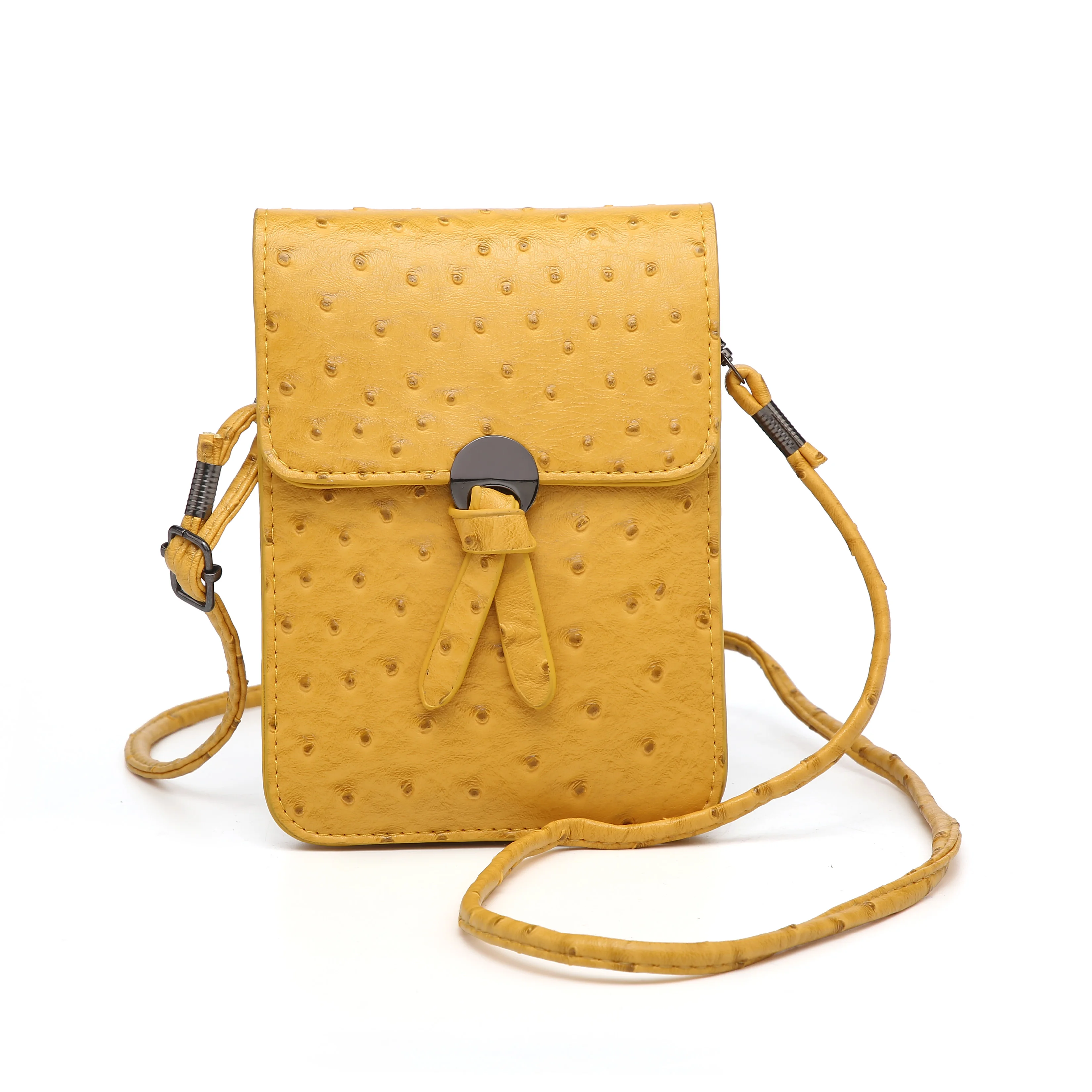 

Fashion Phone Bags Ostrich Pattern Phone Wallet Yellow Ostrich Leather Pouch for Cell Phone with Strap