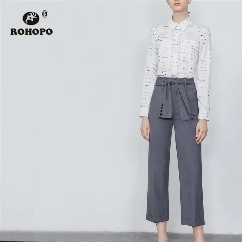 

ROHOPO Wide Bottons Bow Belted Ladies Ankle Length Gray Pant Office Ladies Chic Straight Solid Grey Buttom #1664