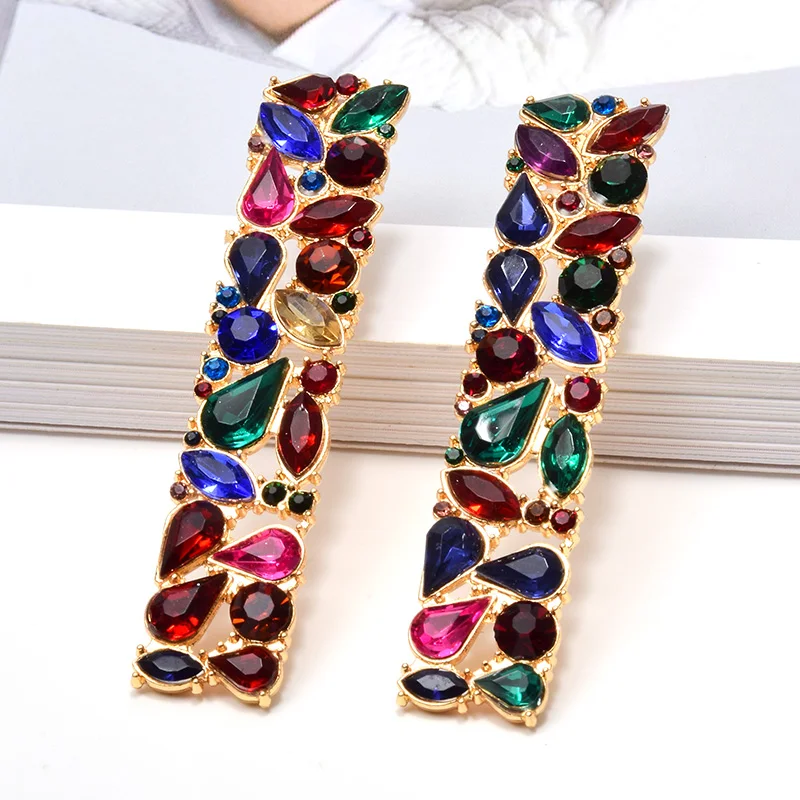 

New Rectangle Metal Colorful Rhinestone Long Drop Earrings Studded Full Crystals Fine Jewelry Accessories For Women Wholesale