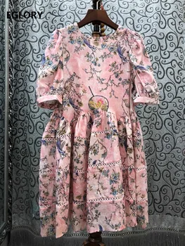 

Hollow Out Backless Dress 2020 Summer Fashion Style Women O-Neck Vintage Flower Print Short Sleeve Sweet Pink Cotton Dress Tunic