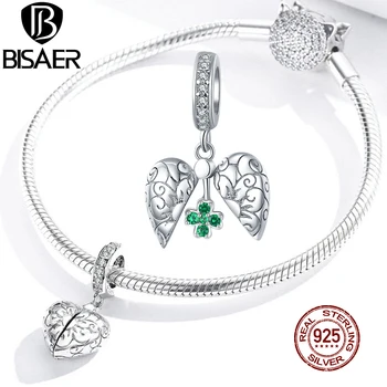 

BISAER Lucky Four-leaf Charms 925 Sterling Silver Open Heart Green CZ Pattern Bead Pendant DIY Bracelets Necklace Jewelry EFC302
