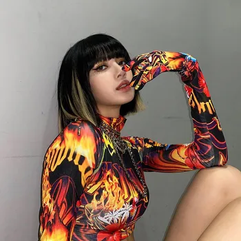 

2020 autumn Women Crop Personality Shirt Long-Sleeve Top Cool Gloves Dye Printed Wrapped Elastic Casual Party Round Neck Clothes