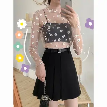 

Korean Style Mesh Top Daisy Under Shirt 2020 New Harajuku Aesthetic Cute Lace Flower T shirt Long Sleeve Mesh Top Dropshipping
