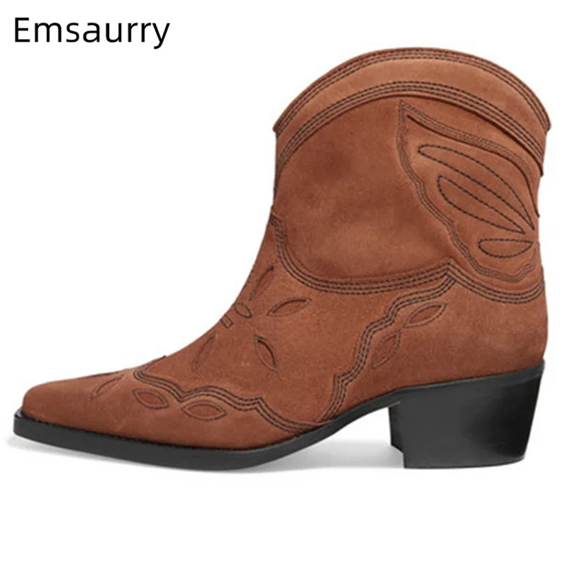 

Ankle Woman Boots Square Toe Cavered Fashion Sewing Party Botines Square Heel Slip On Western Botas 2020 Winter Chic Brown Boots