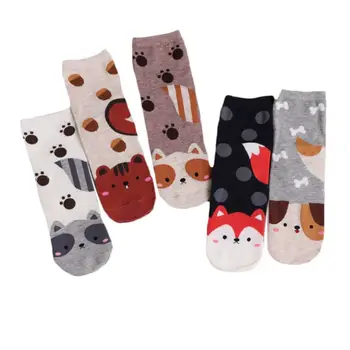 

5 Pairs Women Kawaii Straight Crew Socks Cute Cartoon Dog Cat Squirrel Hosiery