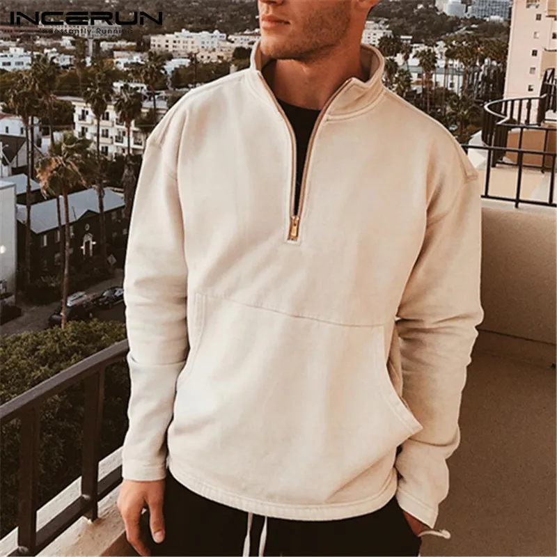 

INCERUN Men Long Sleeve Off White Streetwear Sweatshirts Skateboard Mens Daily Wild Baggy Pockets Solid Zipper Pullover Sudadera