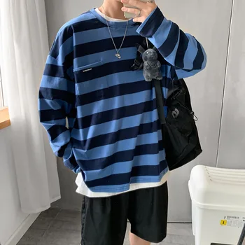 

ZHIJING Stripes Versatile T-shirt Men Couples Tops Men T Shirt