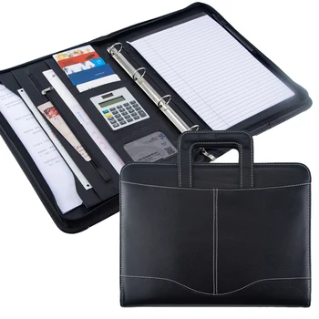 

Fashion A4 Document File Folder PU Leather with Calculator Binder Handle Zipper stationary Business Padfolio manager folder logo
