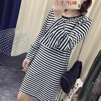 

Women Slim Casual Round Neck Dress Retro Striped Print Dress Striped Summer Dress