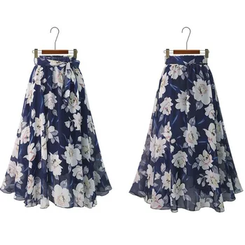 

Plus Size Chiffon Skirts for Women 4XL 5XL High Waist European Style Summer Autumn Long Pleated Midi Floral Skirt Jupe Femme