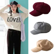 Британский стиль, женский, зимний, хлопоковый берет, шляпа, винтажная, Классическая, одноцветная, художница, студенческий козырек, восьмиугольная кепка