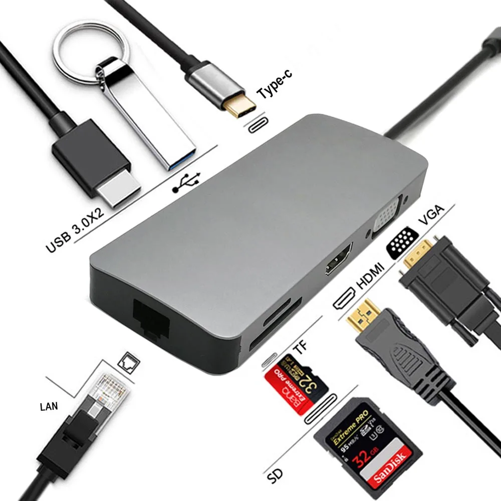 USB C концентратор к USB3.0 HDMI VGA RJ45 Gigabit Ethernet SD/TF PD адаптер зарядки USB C док-станция Тип c хаб-конвертер 8 в 1