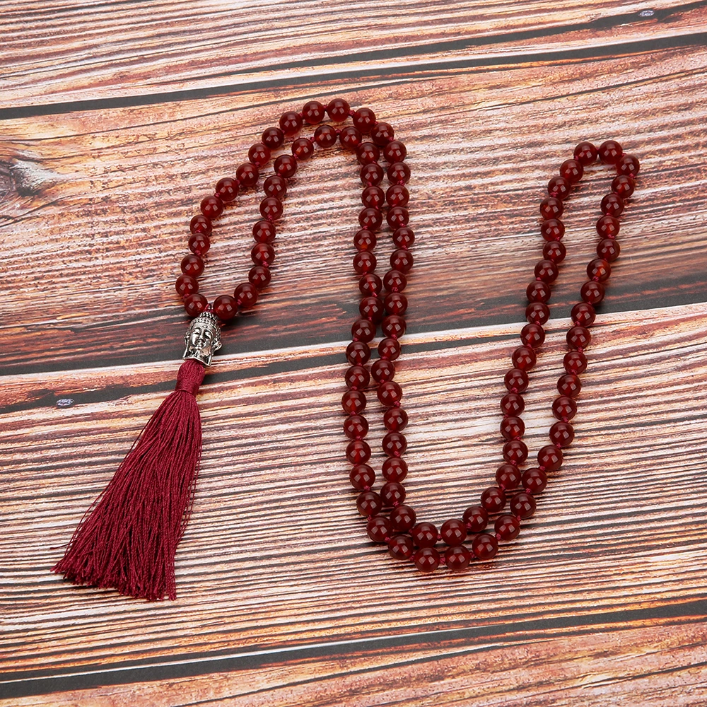 

8mm Natural Carnelian Beaded Knotted Necklace Meditation Yoga Blessing Jewelry 108 Japamala Rosary Buddha Head Pendant