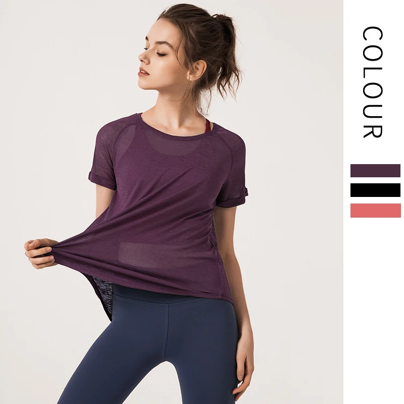 

Fashion Women Solid Yoga Shirts Breathable Sport Tops Back Split Yoga Short Sleeve T-shirt Blouse Workout Clothes For Women