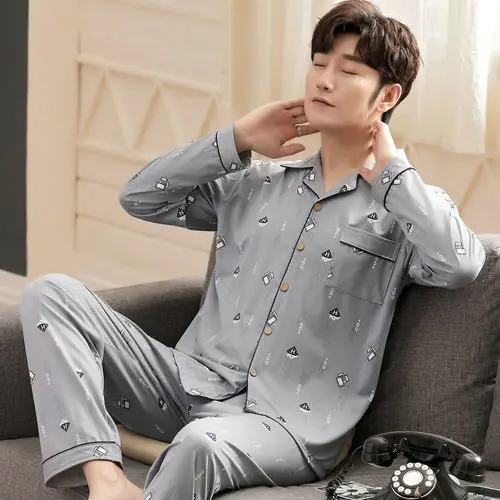 New 2021 Spring Autumn Men Pajamas Long Sleeve Male Pajama Set Men Pure Full Cotton Pajamas for Men Sleepwear Suit Homewear 4XL cotton pajama pants Men's Sleep & Lounge