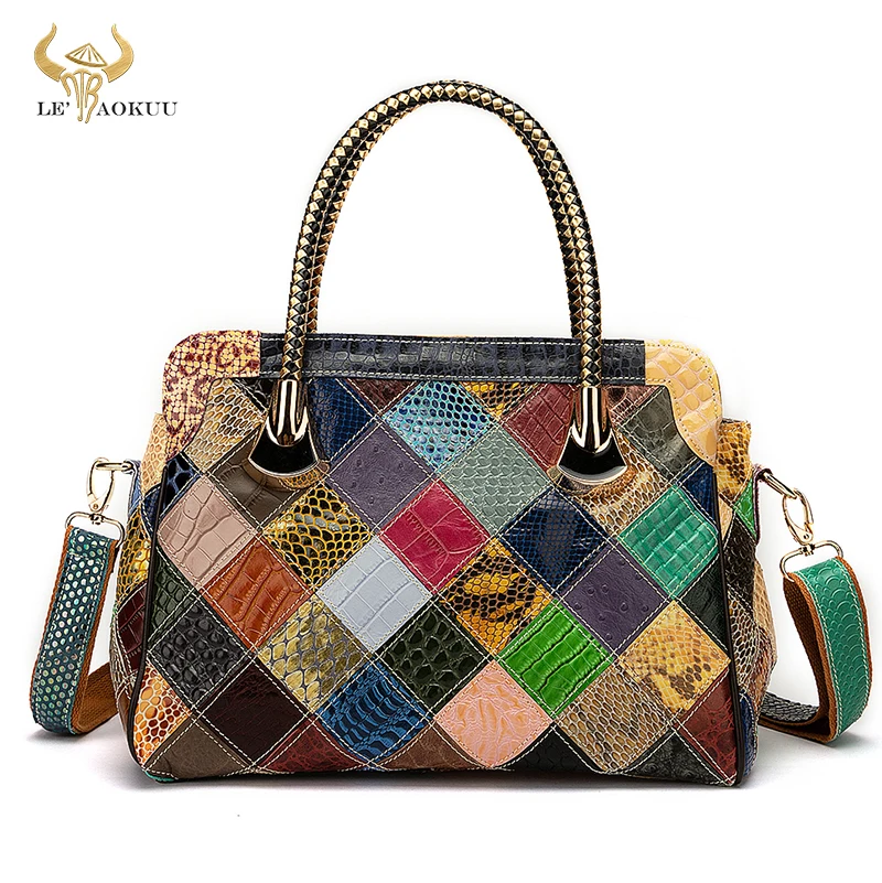 

2021 Multi-Colorful Genuine Leather Luxury Ladies Patchwork Large Doctor Handbag Over The Shoulder bag Women Design Tote bag 496