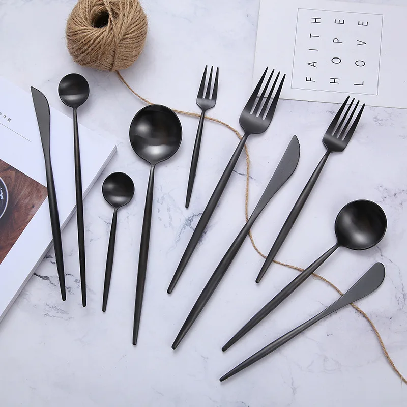 Matte Black 18/10 Stainless Steel Luxury Cutlery Tableware Knife Coffee Ice Spoon Fork Chopsticks Flatware Set Dishwasher Safe