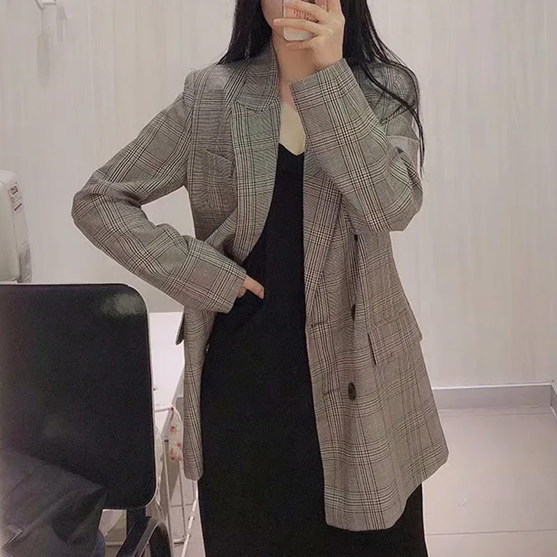 

Autumn and winter women's suit casual plaid double-breasted suit