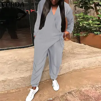 

VONDA Rompers Womens Jumpsuits Long Sleeve Sexy Deep V Neck Overalls Vintage Pants Casual Loose Harem Pants Plus Size Playsuits