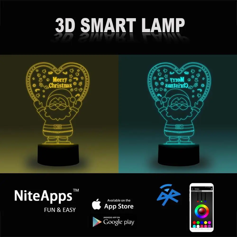 NiteApps 3D Санта-Клаус удерживает сердце ночник настольная лампа иллюзия Лампа подарок на день рождения приложение/сенсорное управление