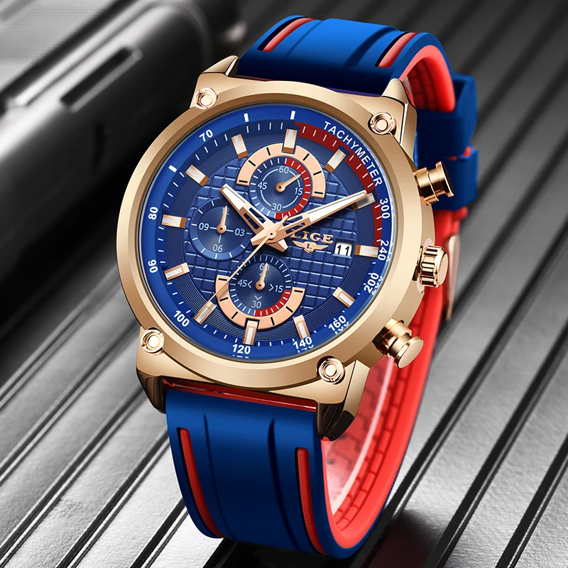 Lige New Mens Watches Top Brand Luxury Dial Clock Male Fashion Silicone Waterproof Quartz Gold-2