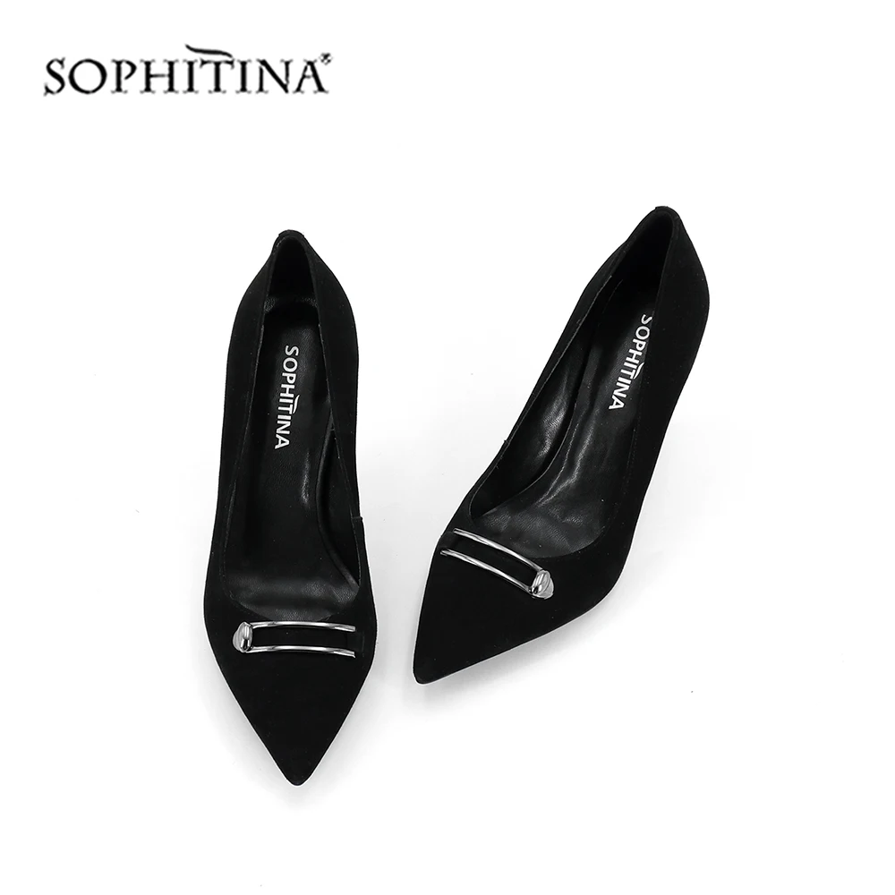 SOPHITINA/пикантные туфли-лодочки с острым носком; Высококачественная замшевая Элегантная модная обувь на тонком каблуке с металлическим украшением; новые женские туфли-лодочки; SC232