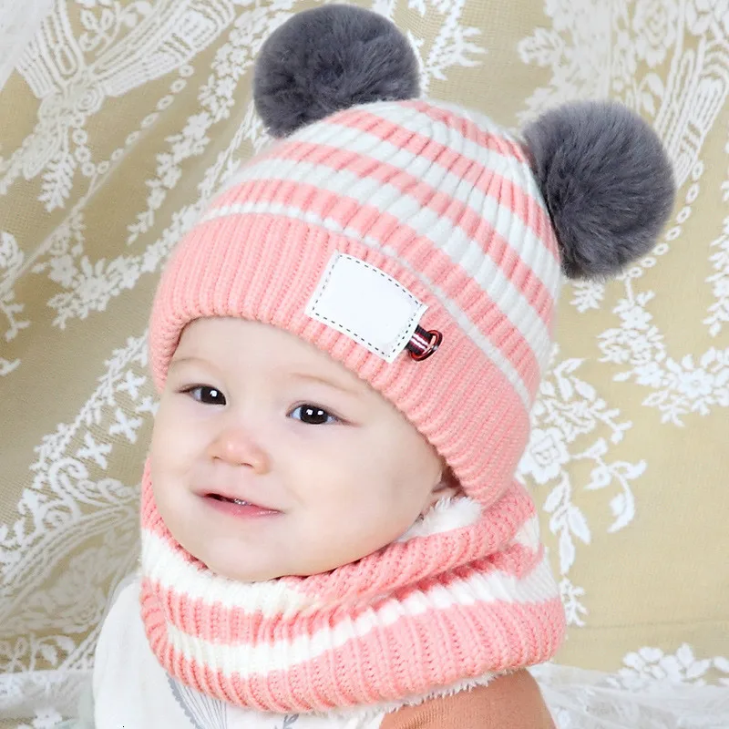 Spelling Color Double Ball Baby Suit Hats Season Child Girl Baby Knitting Wool Hat