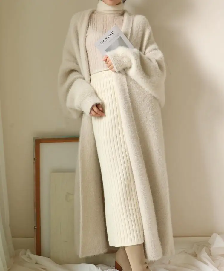 Натуральный норковый кашемировый свитер, женский кардиган из чистого кашемира, вязаная норковая куртка, зимнее длинное меховое пальто, быстрая