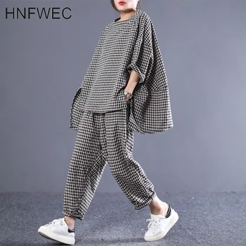 

2019 Spring Summer Of New 2019 Round Collar Short Sleeve Hit Colors Plaid Patchwork Ankle Length Pants Vintage Set W303