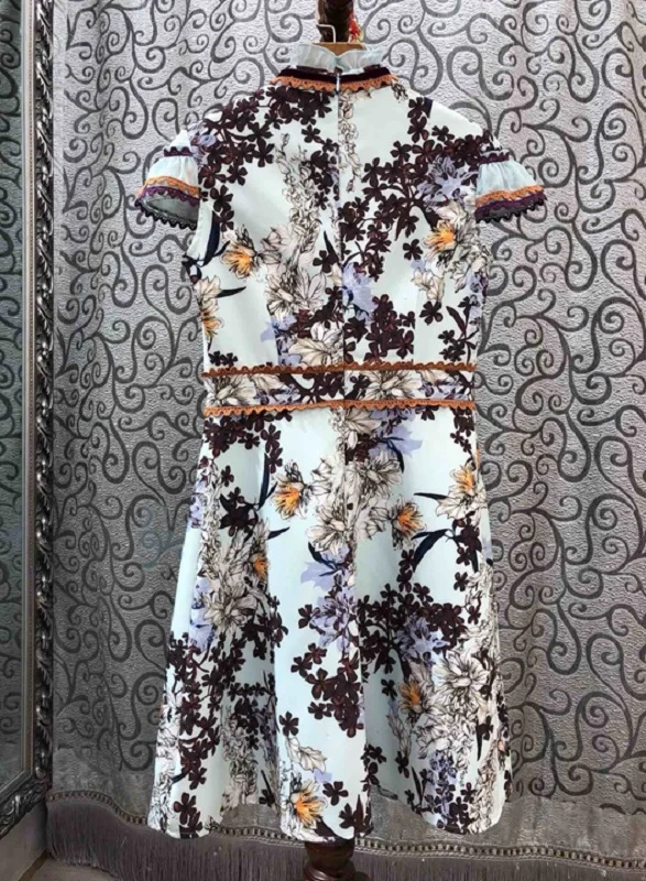Latest Designer Dress Autumn Vintage Party Women Ruffled Collar Elegant Flower Print Lace Patchwork Slim Fitted Blue Dress