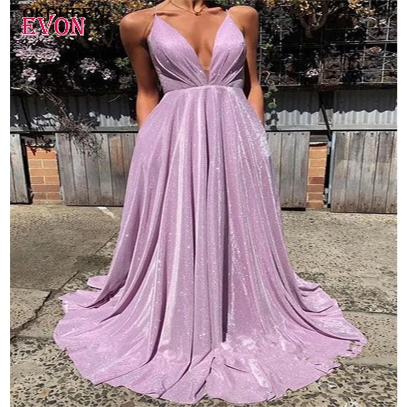 Vestidos De Fiesta Largos элегантный De gala Лаванда линия Длинные сексуальные платья для выпускного вечера глубокий v-образный вырез открытая спина блесток Выпускные платья