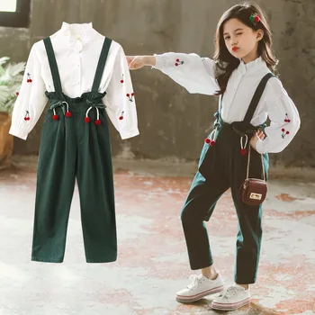

Teenagers Girls Casual Clothing 2020 New Fashion Autumn Girl Outfits Cherry Embroidery Suspenders Suit Kids Clothing