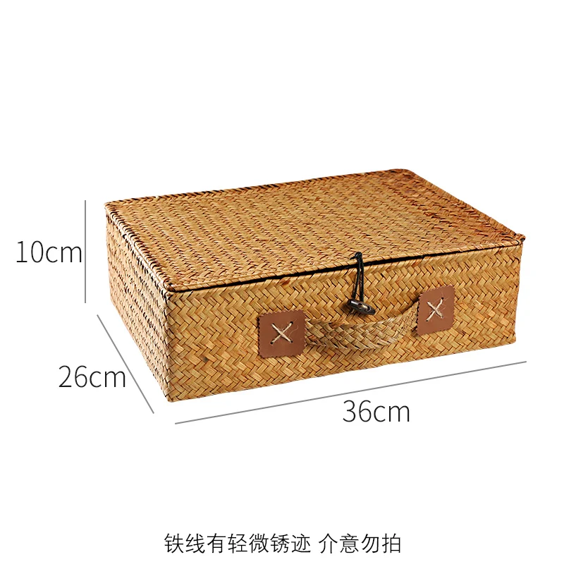 Японская солома с ручкой ящик для хранения прямоугольный портативный чемодан для мелочей Бытовая Спальня ткачество коробка для хранения одежды - Цвет: L  36x26x10cm