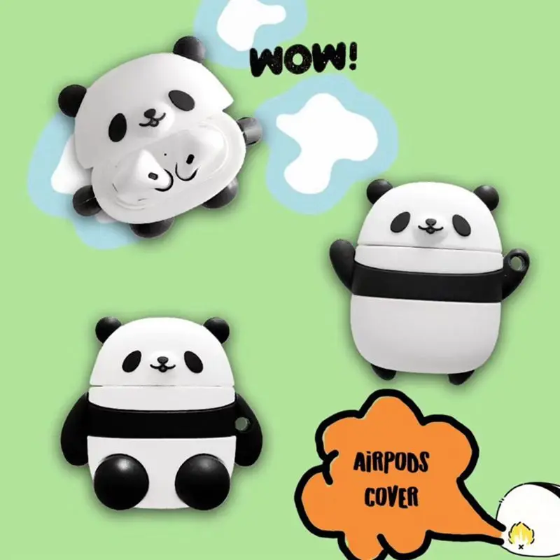 Small Cute Panda Pattern Soft Silicone Protective Case Skin Protector with Carabiner for Airpods 1/2 Charging Box Accessories