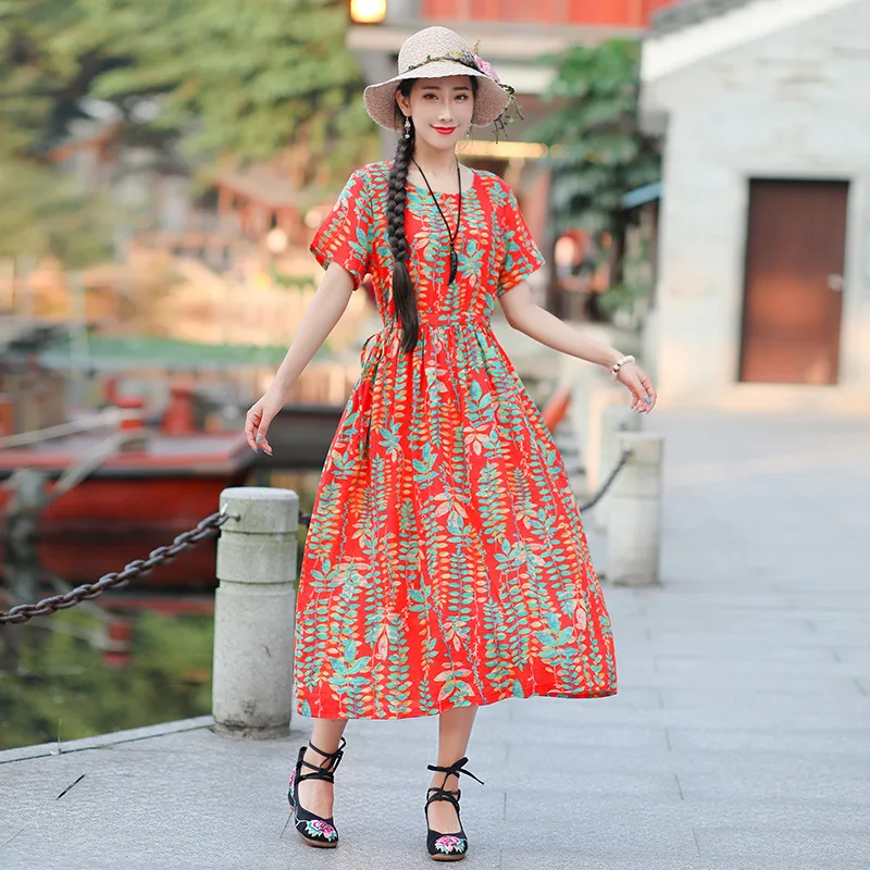 

2019 Summer New Style Retro National Wind Loose Short Sleeve WOMEN'S Dress Cotton Linen Printed Medium-length Dress