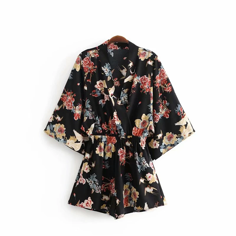 black Boho шикарный женский богемский пляжный комбинезон кимоно с цветочным принтом и открытой спиной с длинным рукавом - Цвет: black