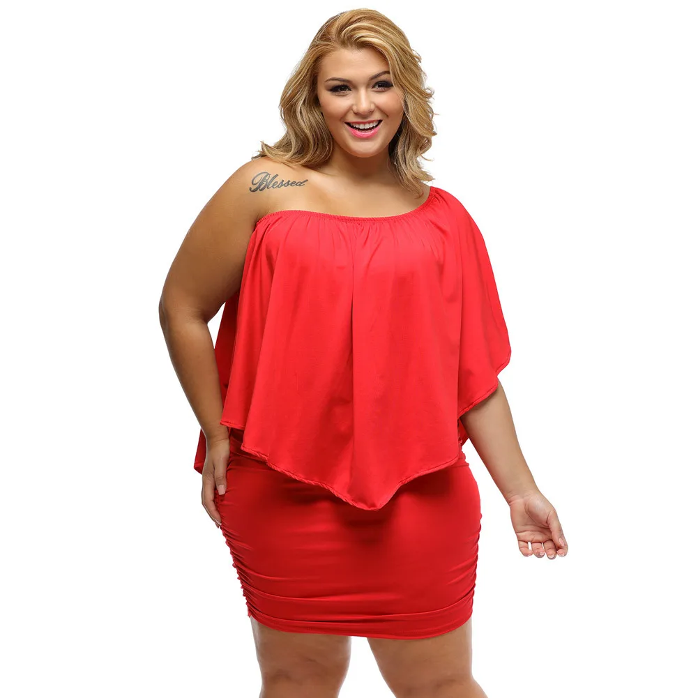 

Europe And America WOMEN'S Dress Sexy Tube Top Horizontal Neck Irregular Flounced Short Skirt Sheath Plus-sized Dress 22820