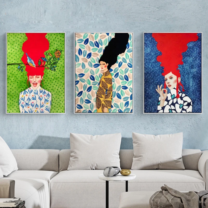 

Abstract Flowers Girl Hair Wall Art Canvas Painting Bird Nordic Poster Art Prints Wall Pictures For Living Room Vintage Unframed