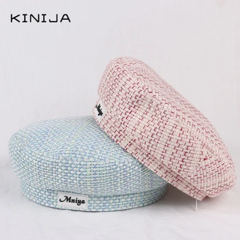 

Women Autumn Fashion Tweed Mixed Fibers Beret Crochet Knit Hat Winter Flat French Cap Plaid beanies hat adjustable painter hat