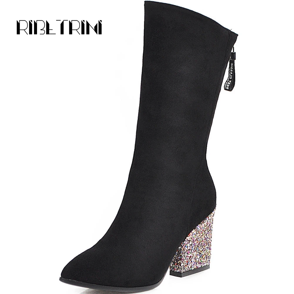 

RIBETRINI Mid Calf Boots Women Glitter Chunky Heels Pointed Toe Shoes Woman Back Zip Mid Calf Suede Boots Big Size 33-43