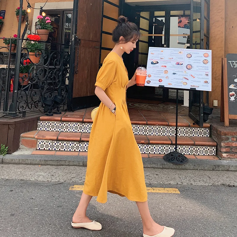 

2019 Summer New Style French Retro over-the-Knee Yellow Dress Women's Waist Hugging Elegant Explicit Thin Long Wisdom Smoked Ski