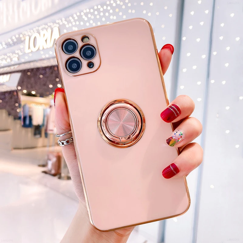Ocamo for iPhone Xs MAX Fashion Relief Finger Ring Phone Case Luxury PC+TPU Desktop Holder Shell Marble Pink iPhone Xs MAX 