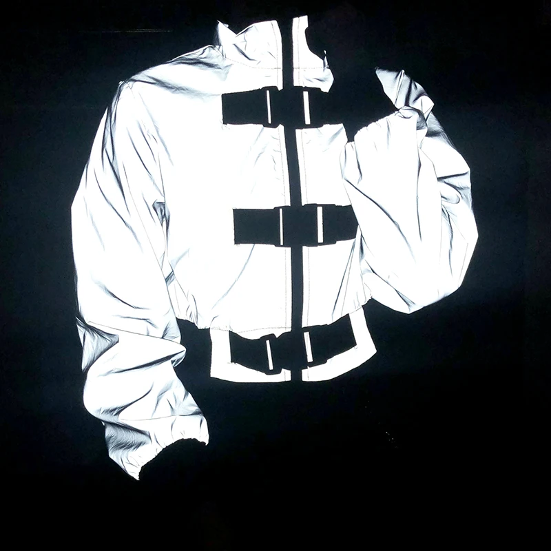 awesome  Hip Hop Reflective Crop Jacket Streetwear Buckle Patchwork Winter Jackets Women Zipper Up Long Slee