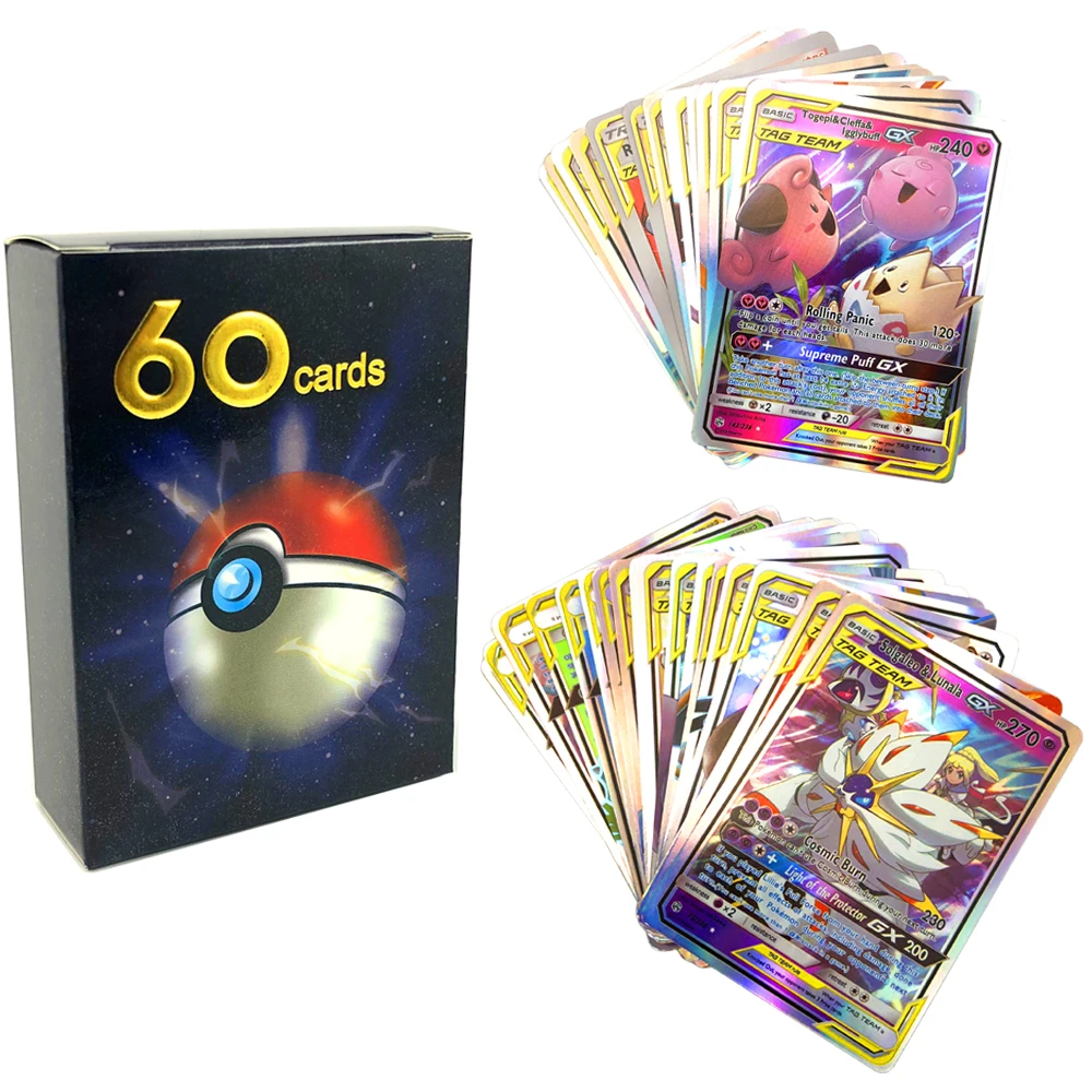 60 шт./лот, новые карты Pokemones, все метки, командные карты GX, мега игры, битва, торговые карты для детей