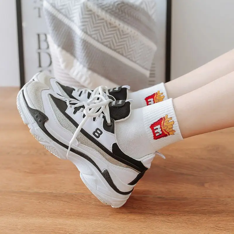 Новинка, 5 пар, женские хлопковые короткие носки с двойной полоской, носки в стиле хип-хоп с изображением фри гамбургера