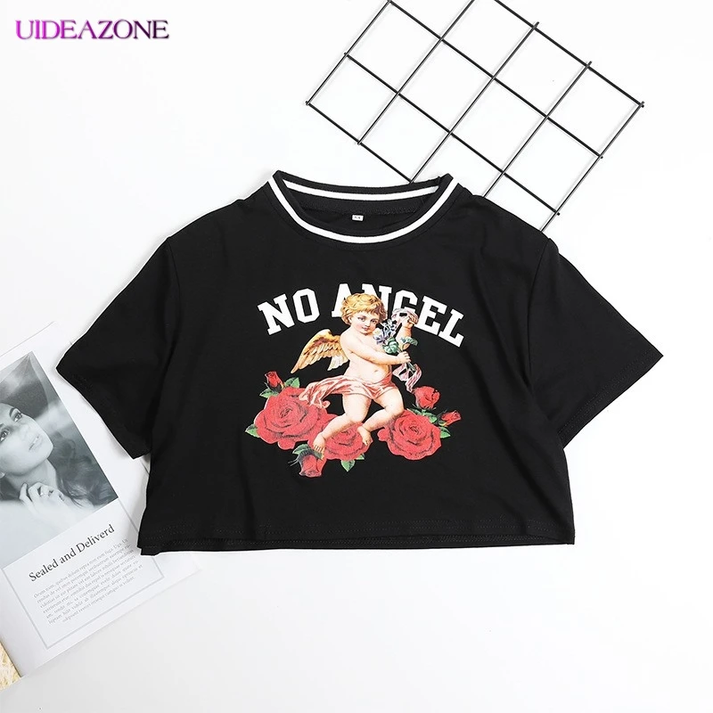 Хлопковая черная футболка с принтом Купидона женская коротким рукавом и Baby Angel