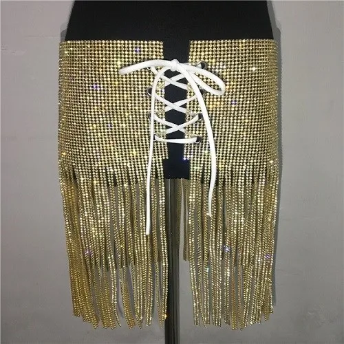 Sexy Women Sequins Tassel Skirts Ladies Sparkly Diamond Rhinestone Skirts High Waist Mini Skirt Gold Silver Black - Цвет: Золотой