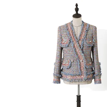 

Women tweed jackets 2020 fashion office ladies v-neck tassel lurex weave coats female autumn winter vintage coat girls chic y579