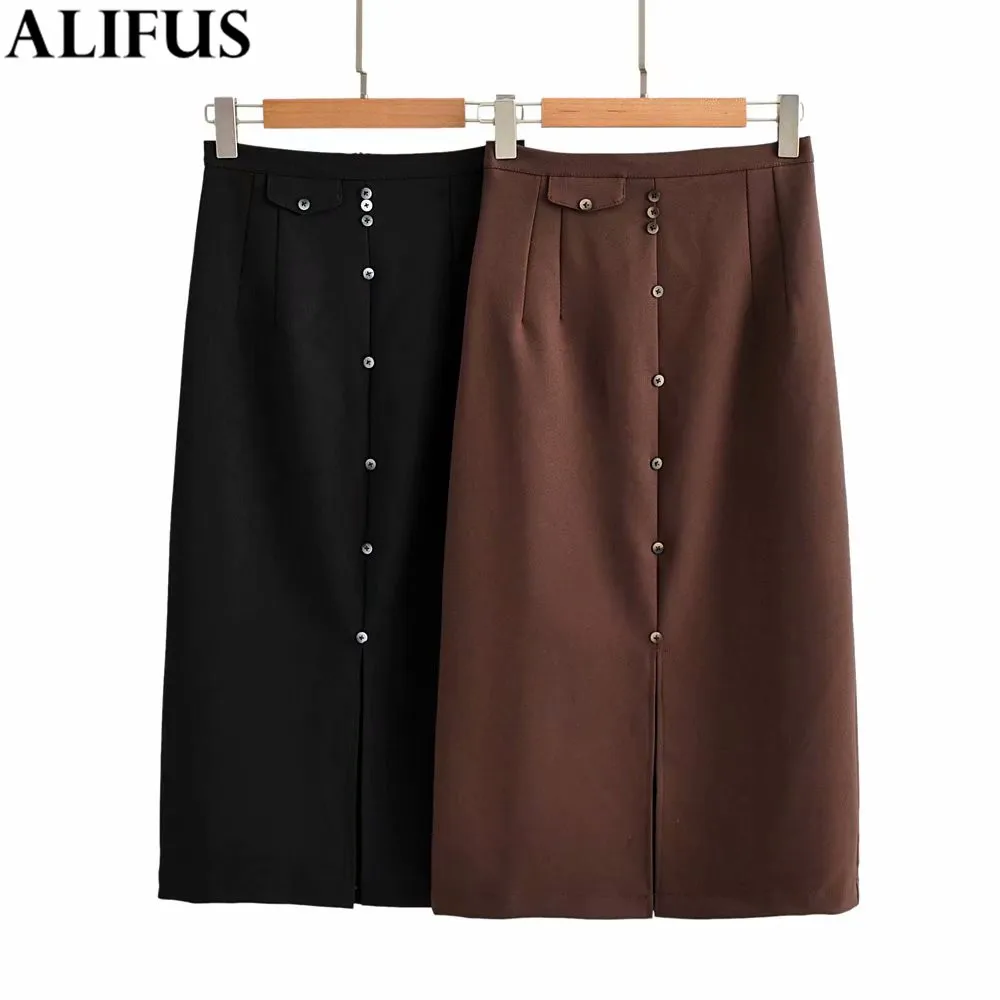 Модная женская юбка Za, одноцветная, весна-осень, элегантные прямые юбки, однобортная, высокая талия, тонкая, для женщин, для девушек